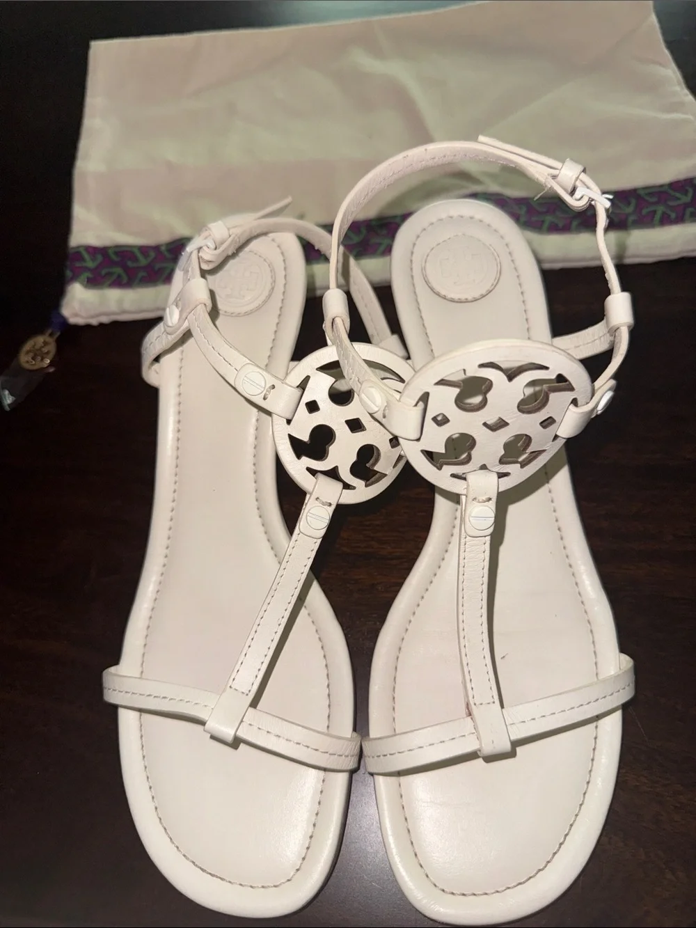 Tory Burch White Leather Logo T-Strap Wedge Sandals 9